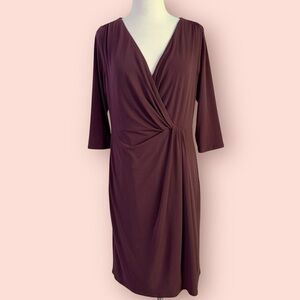 Coldwater Creek Draped Faux Wrap 3/4 Sleeve Dress Women’s 14 Plum Wine
